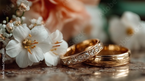 Golden Wedding Rings with Delicate White Flowers