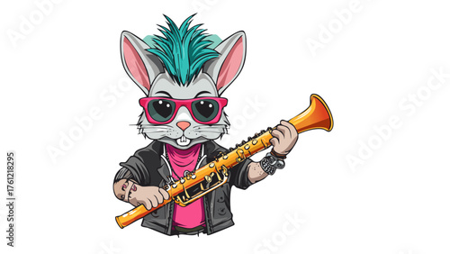 Punk-style rabbit playing bassoon – edgy musical vector illustration
