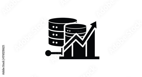 Data growth and analysis represented by cylinders and rising arrow