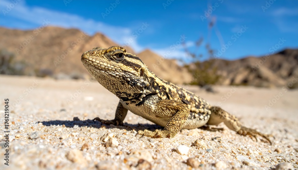 Fototapeta premium Desert lizard stands on sandy ground, sunny sky, background mountains