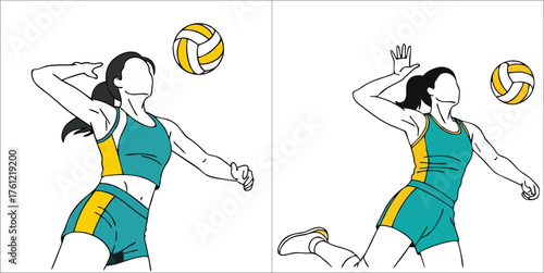 Dynamic volleyball player spiking and setting the ball in energetic game play, perfect for sports advertising, team spirit campaigns, and athletic achievement visuals