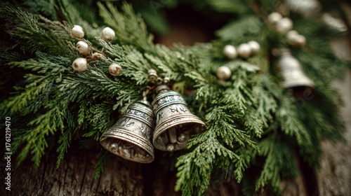 Fresh evergreen wreath with silver bells. Holiday decoration