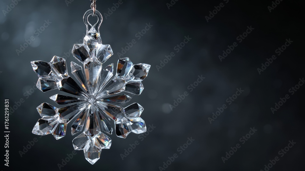 Fototapeta premium Crystal snowflake ornament. Transparent glass against dark background