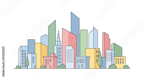 Vibrant cityscape skyline illustration with colorful buildings and modern architecture for urban planning, real estate, and city development projects