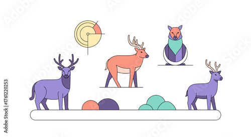 Pastel deer illustration with geometric fox and pie chart, perfect for whimsical designs and modern branding projects with a unique woodland theme