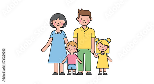 Charming family portrait with happy mother, father, son, and daughter holding hands in a heartwarming illustration for family values and togetherness