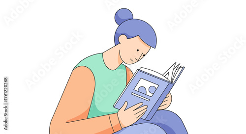 Engrossed woman reading book, enjoying quiet time for relaxation and personal growth, perfect for illustrating learning, education, and peaceful moments