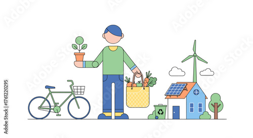 Promoting sustainable living with a modern home powered by green energy, fresh produce, and eco-friendly transportation creating a healthy and clean future