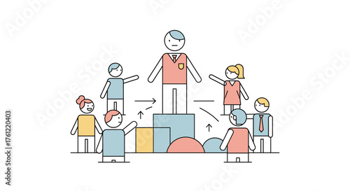 Engage your audience with this modern illustration of team members rallying behind their leader, symbolizing vision, growth, and corporate success