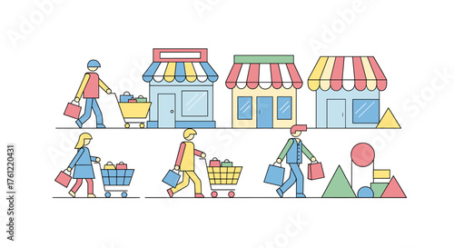 People enjoying a shopping spree at colorful shops with carts and bags, a vibrant illustration of retail therapy and consumerism in a modern style