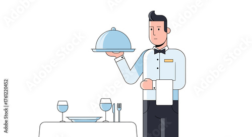Elegant waiter presents dish with style and grace, ready to serve restaurant patrons with impeccable service at upscale dining establishment