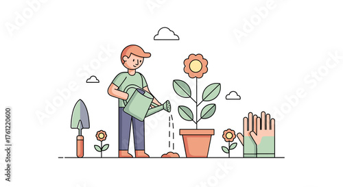 Happy gardener watering flower in pot, spreading joy and growth with spring gardening tasks, perfect for eco friendly projects and nature loving audiences