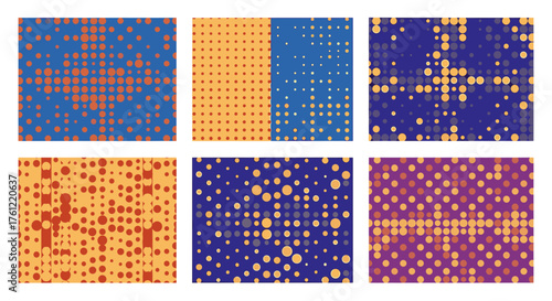 Dynamic collection of vibrant retro dot patterns in blue, orange, yellow, and purple for eye-catching modern designs and creative projects with geometric flair