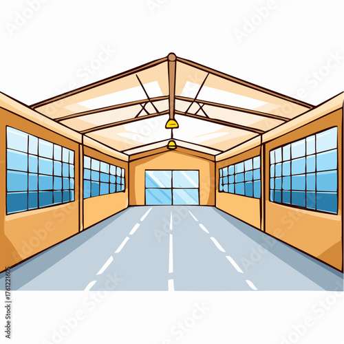 Illustration of a large empty Warehouse with multiple windows and lights