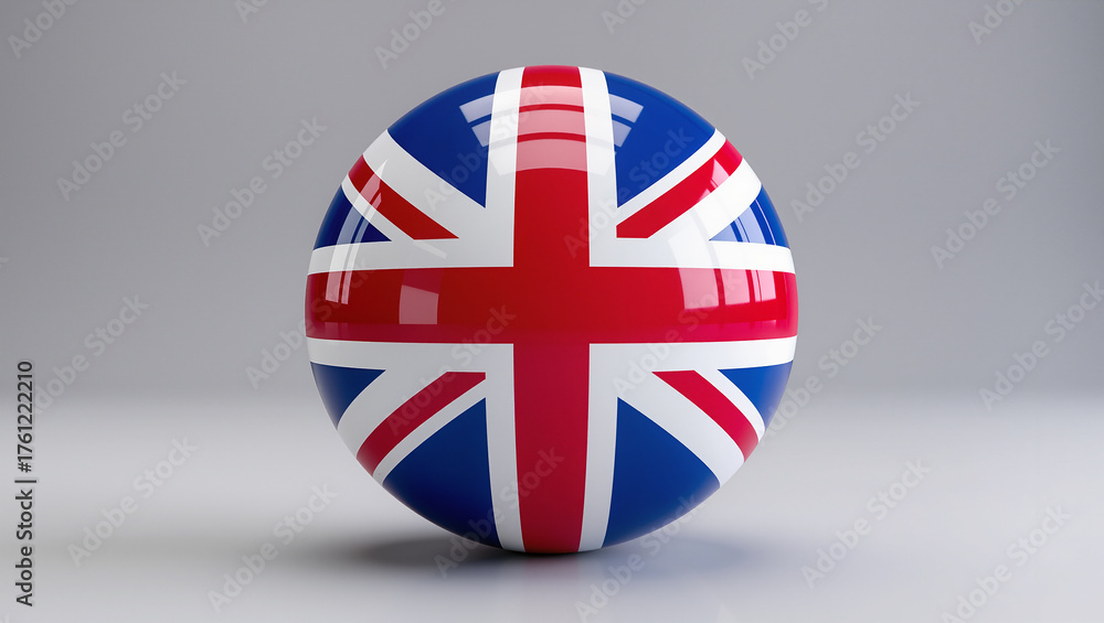 Obraz premium Glossy 3D sphere featuring the flag of the United Kingdom, Union Jack design in red, white, and blue colors, realistic reflections, isolated on gray background