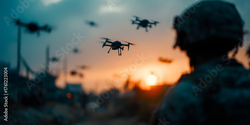 Drones in Action: A soldier observes a swarm of drones in flight during a sunset patrol, set against a backdrop of a quiet landscape 