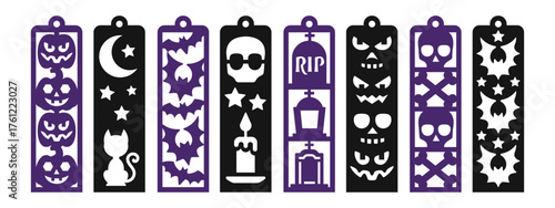 Set of 8 vertical bookmark designs with Halloween pattern. Vector laser cut template. Spooky autumn holiday bookmark stencil for paper, wood and metal cutting