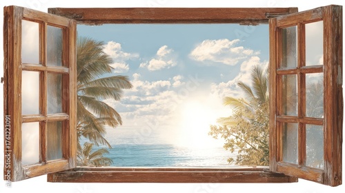 Open window reveals tropical ocean view with palm trees.