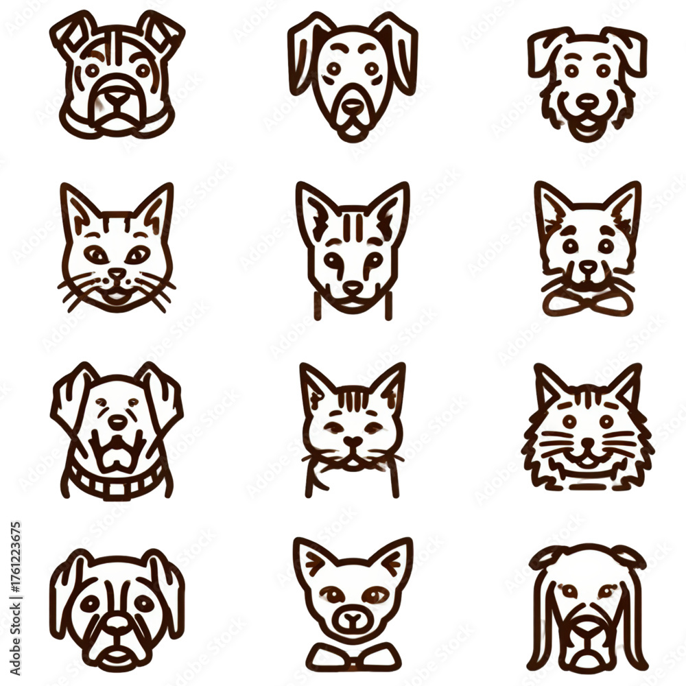 Fototapeta premium Collection of simple line art icons featuring dog and cat faces.