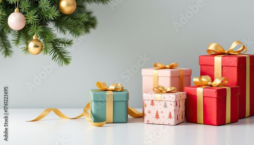Festive gift boxes and ornaments under christmas tree branches