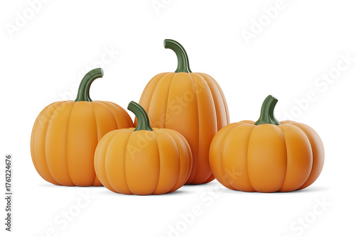 Vibrant orange pumpkins of varying sizes sit together, evoking autumn harvest and festive spirit.