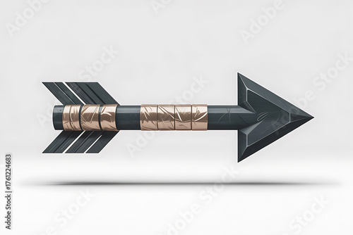 Stylized arrow with dark shaft and copper wrapping, suggesting direction and ancient weaponry.