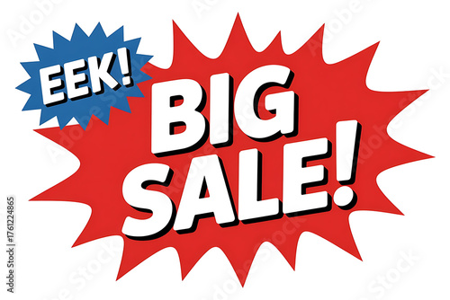 Bold red burst graphic announces a significant sale with playful, energetic text elements.