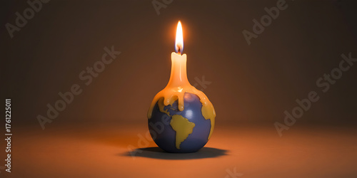 Burning globe-shaped candle illuminates environmental concern, symbolizing fragility and urgent action.