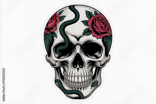 Skull adorned with roses and a serpent, creating a striking and symbolic image of life and death.
