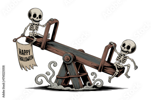 Skeletons playfully riding a seesaw, celebrating Halloween with a cheerful banner.