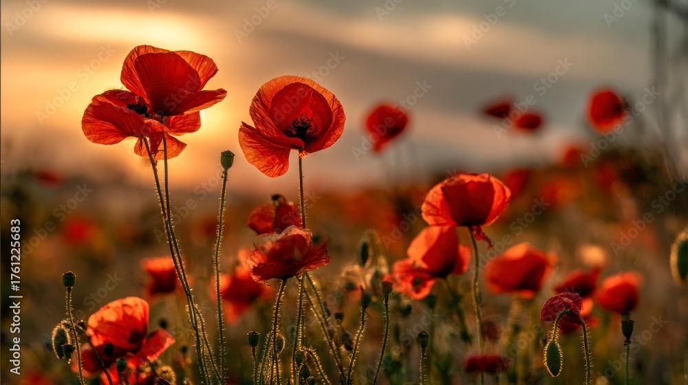 Obraz premium Poppy field at sunset