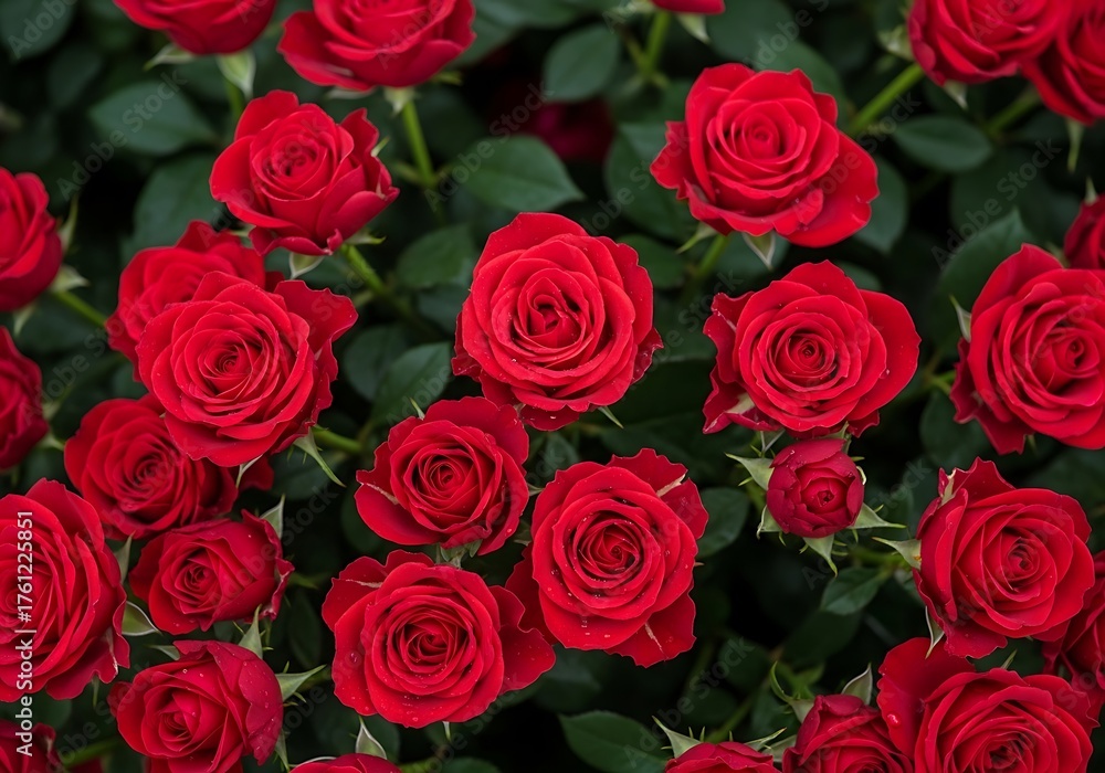 Fototapeta premium Abundance of Red Roses and Green Leaves Background. Generative Ai