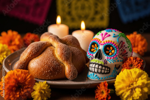 A colorful sugar skull next to a traditional bread of the dead, surrounded by marigold flowers and lit candles, celebrating the Day of the Dead. Celebrating Dia de Los Muertos.