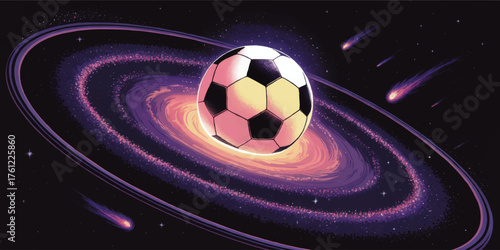 Soccer Ball as Planet in Outer Space Galaxy, Futuristic Cosmic Illustration with Comet Trails, Vibrant Neon Colors