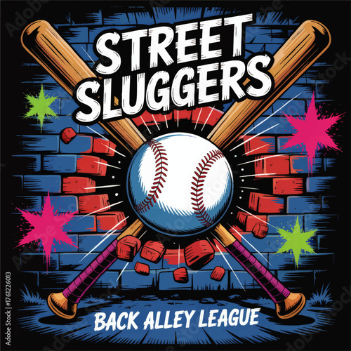 Retro Urban Baseball Street Sluggers Graphic, Crossed Bats, Graffiti Brick Wall, Back Alley League Sports Design
