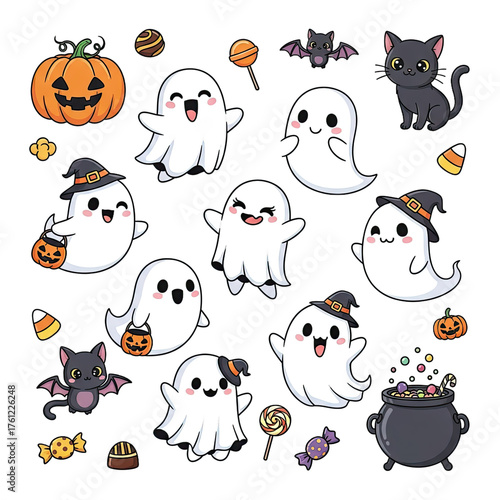 Adorable Kawaii Halloween Characters Collection Featuring Cute Ghosts with Witch Hats and Candy Buckets A Spooky Black Cat Bat and Jack-o'-Lantern