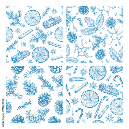 Collection of seamless patterns with Christmas and New year elements, cookies, candies, pine branches and spices. Hand-drawn illustration in vintage toile de joue style.