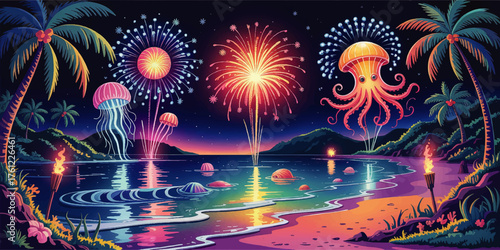 Vibrant Tropical Beach Night with Fireworks, Giant Jellyfish, Octopus, and Torches – Colorful Fantasy Ocean Celebration Illustration