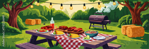 Summer Backyard BBQ Picnic Illustration with Grilled Food, Ribs, Vegetables, and String Lights in Outdoor Countryside Setting