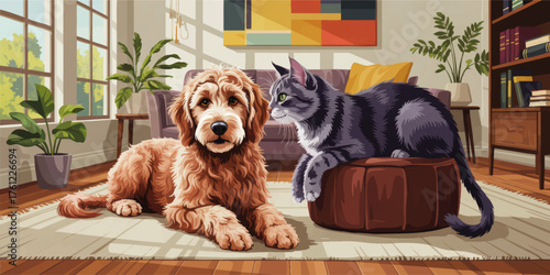 Cozy Living Room with Friendly Dog and Cat Relaxing Together, Modern Decor, Sunlight, Plants, Vector Illustration