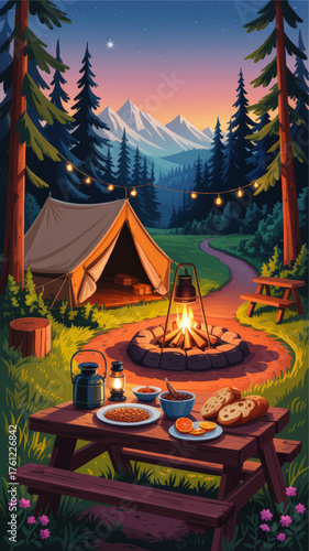 Cozy Mountain Camping Scene with Tent, Campfire, Picnic Table and Food at Sunset in Pine Forest, Outdoor Adventure Illustration