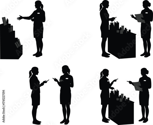Professional interaction silhouette, retail discussion, customer service scene, clipboard use, product pointing, workplace communication, business pair, teamwork, kiosk, exchange