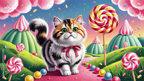 Cute Calico Kitten with Bow Stands in Colorful Candyland Fantasy Landscape, Surrounded by Lollipops and Sweets, Whimsical Illustration
