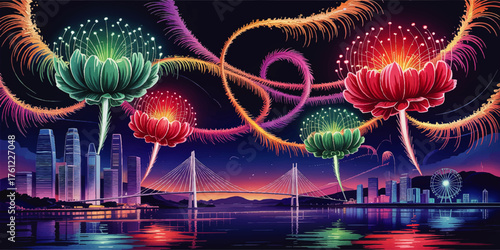 Vibrant Futuristic Cityscape with Abstract Fireworks and Colorful Flowers Over Bridge at Night, Digital Art Illustration