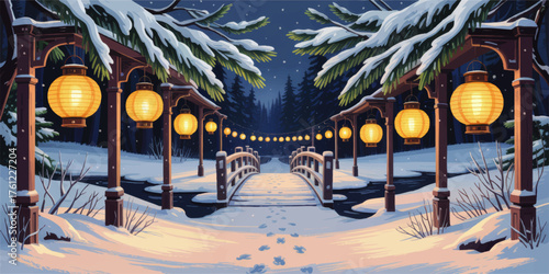 Magical Winter Night Scene with Glowing Lanterns, Wooden Bridge, Snowy Forest Path, and Festive Winter Lighting Illustration