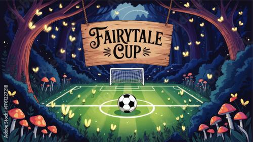 Magical Fairytale Soccer Cup Illustration – Fantasy Forest Football Field, Glowing Fireflies, Enchanted Woodland Tournament Art