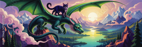 Majestic Fantasy Dragon with Cat Companion Soaring Over Vibrant Mountain Landscape at Sunrise, Whimsical Digital Art Illustration