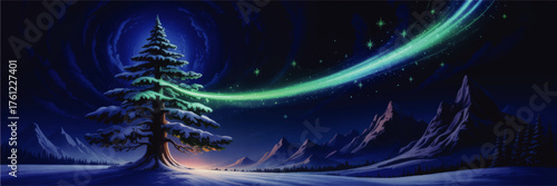 Majestic Snowy Pine Tree at Night with Aurora Borealis and Starry Sky Over Winter Mountain Landscape, Digital Art