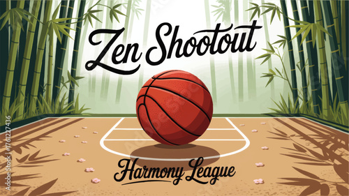 Zen Basketball Shootout on Tranquil Bamboo Court, Harmony League Event Poster, Sport and Nature Blend, Vector Illustration