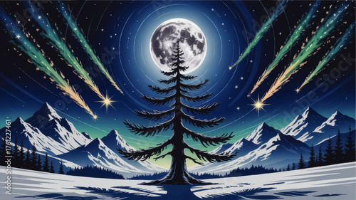Majestic winter night landscape with pine tree, snowy mountains, full moon, and vibrant meteor shower in starry sky illustration